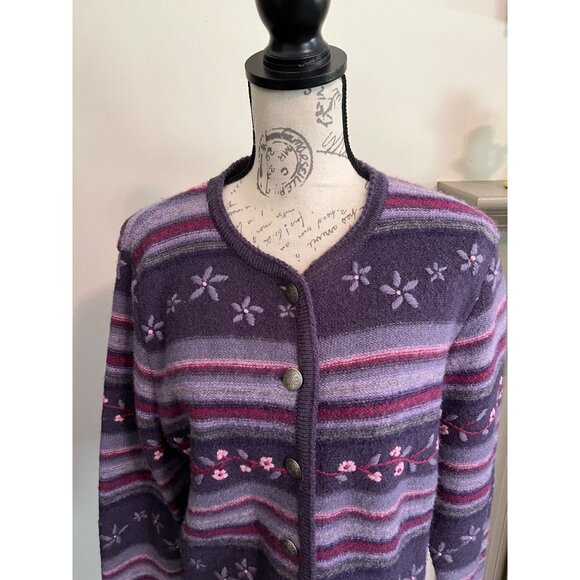 Tally-Ho Purple Striped Floral 100% Wool Button Down Cardigan Medium - Picture 2 of 8